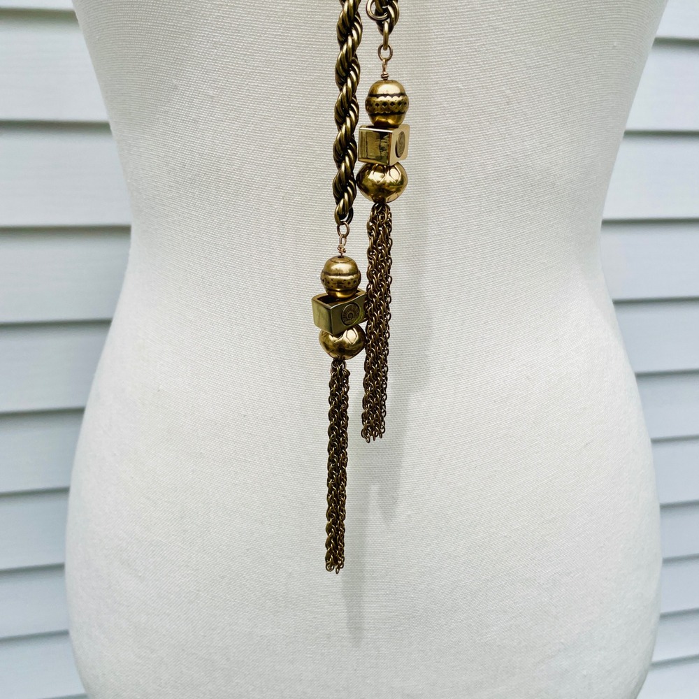 Chicos Twisted Rope Lariat Tassel Necklace Long Antique Gold Tone Opera Length - Picture 3 of 16